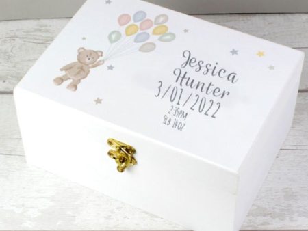 Personalised Teddy & Balloons White Wooden Keepsake Box Hot on Sale